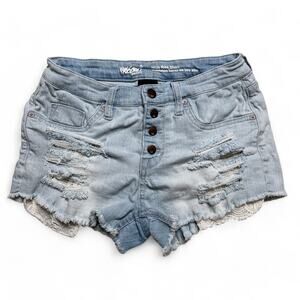 Mossimo Distressed High Rise Denim Shorts Distressed Crochet Pocket Light Wash 6